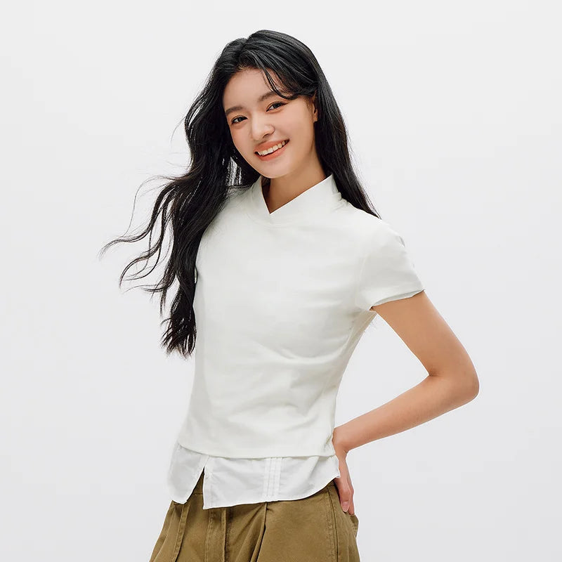 Semir Women Tshirt Cropped Solid Color Slim Crew Neck Short Sleeve Summer 2026 Minimal Casual Fashion Style Top