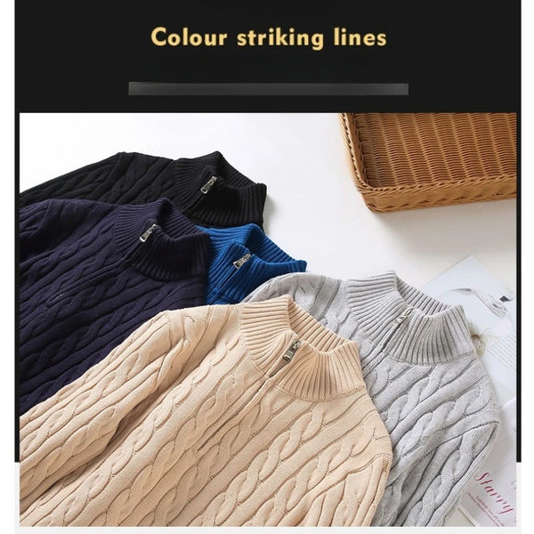 Men's Cable Knit Half Zip Sweater Fall Winter Warm High Neck Pullover 100% Cotton Stretch Knitwear