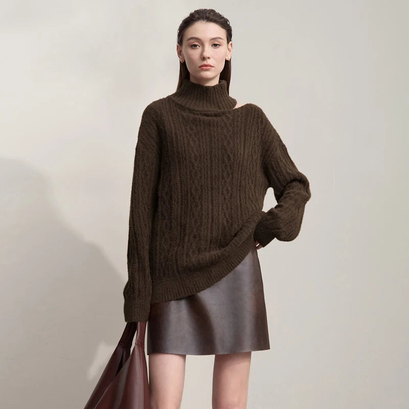 AMII Women's Sweater 2026 Autumn New Turtleneck Hollow Versatile Ladies Sweater Loose Long Sleeves Warm Tops For Woman 12543157