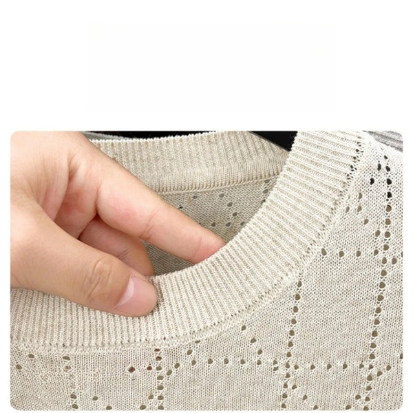 Men's Linen Blend Short Sleeve Sweater | Lightweight Breathable Hollow Out Knit | Summer Crew Neck Cool T-Shirt Top