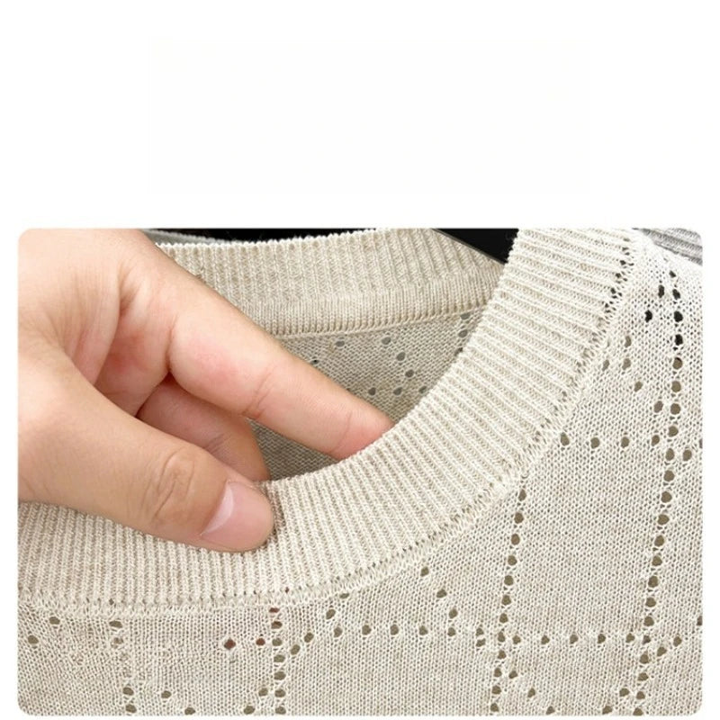 Men's Linen Blend Short Sleeve Sweater | Lightweight Breathable Hollow Out Knit | Summer Crew Neck Cool T-Shirt Top