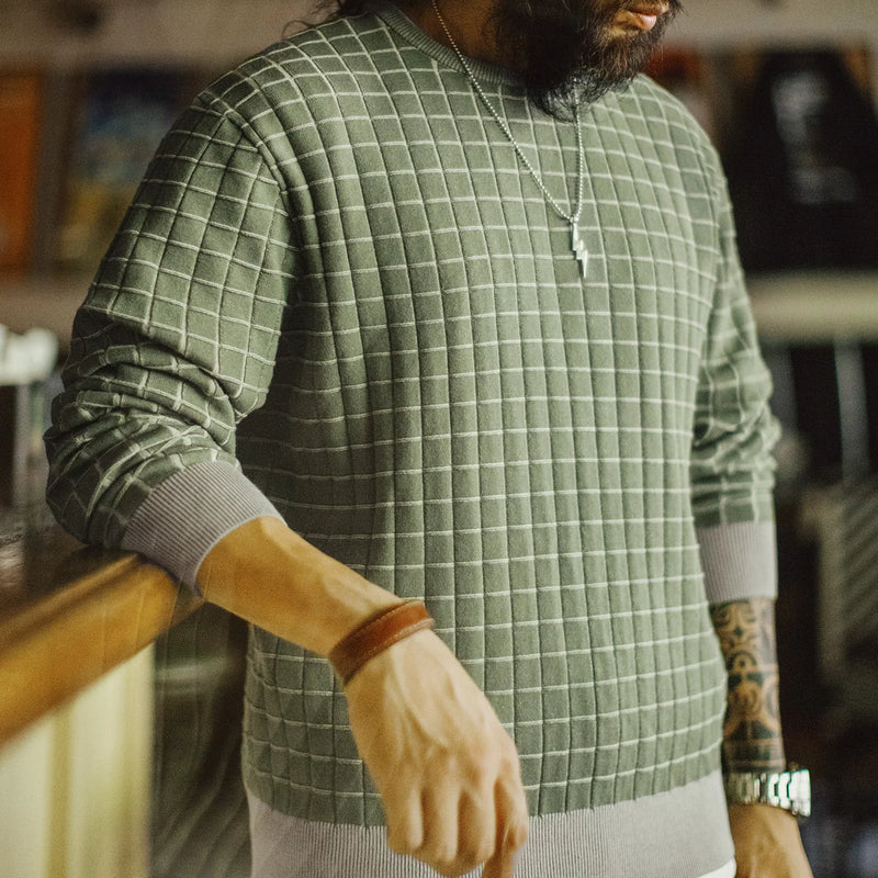 Maden Men's Retro Plaid Crewneck Sweatshirt Green Pullover Casual Spring Outerwear Long Sleeve Winter Layering T-shirt Top