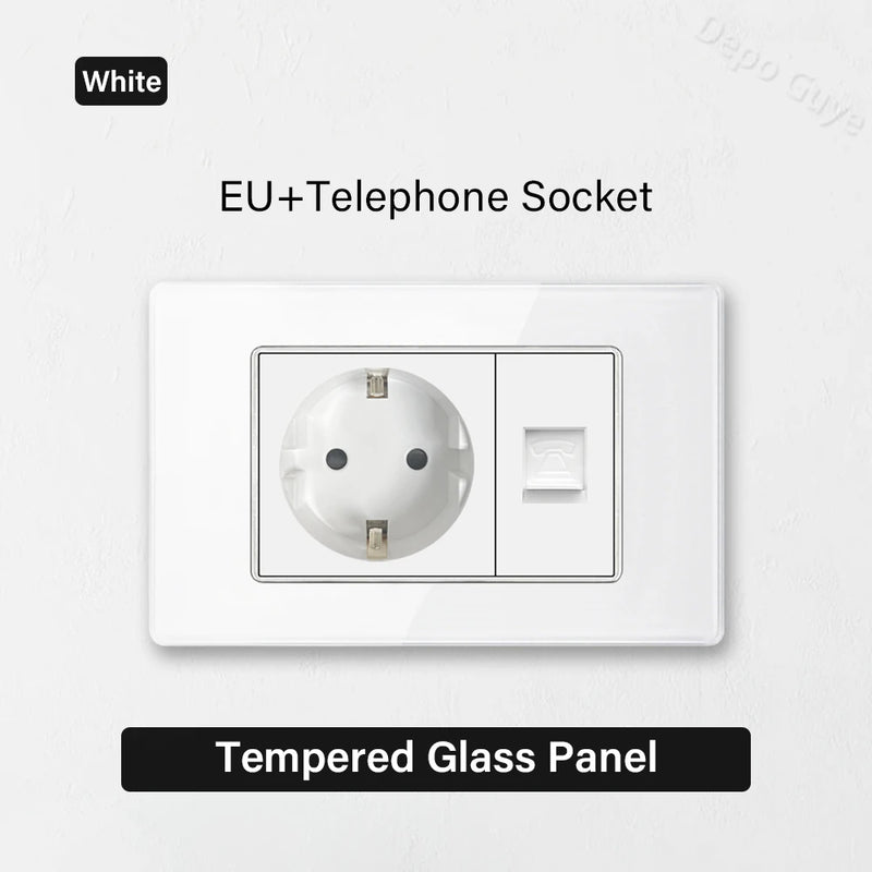 White Tempered Glass Panel Wall Light Switch Rocker Button EU Sockets Fast Charging CAT6 TV Power Outlet 118*75mm 16A AC110-250V