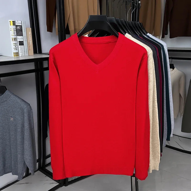 Classic V Neck Knitted Top Men Long Sleeve Smooth Knit Rib Trim Suitable For Layering Everyday Casual Look