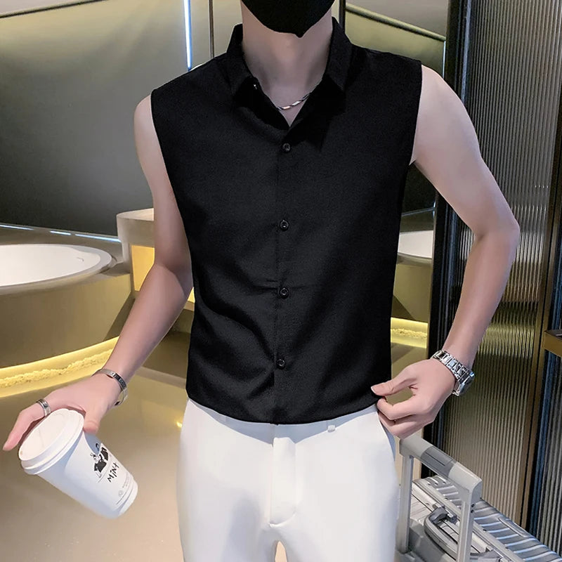 Summer Men's Black Sleeveless Shirt, Fashionable Slim White Shirts, Single Breasted Lapel Summer Top Camisas Para Hombre