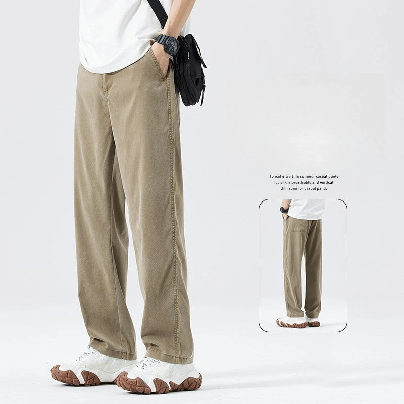 Summer Youth Lyocell Wide - Leg Loose Straight - Leg Trendy Casual Long Pants Men's Lightweight Long Pants