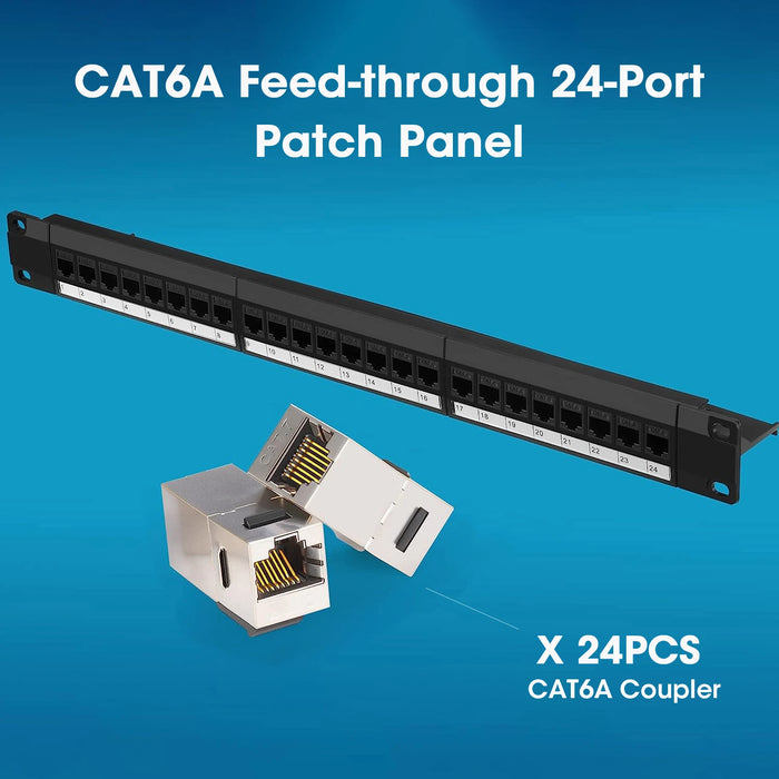 ZoeRax Patch Panel 24 Port Cat6 Cat6a Cat7 with Inline Keystone 10G, RJ45 Coupler Patch Panel 19-Inch with Removable Back Bar 24pcs Cat6a Coupler