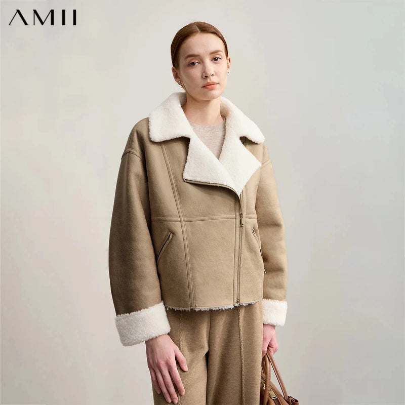 AMII Women's Coat 2026 Winter New Warm All-wool Loose Fur Coats Woman Long Sleeves Zipper Solid Versatile Jacket Top 12554001