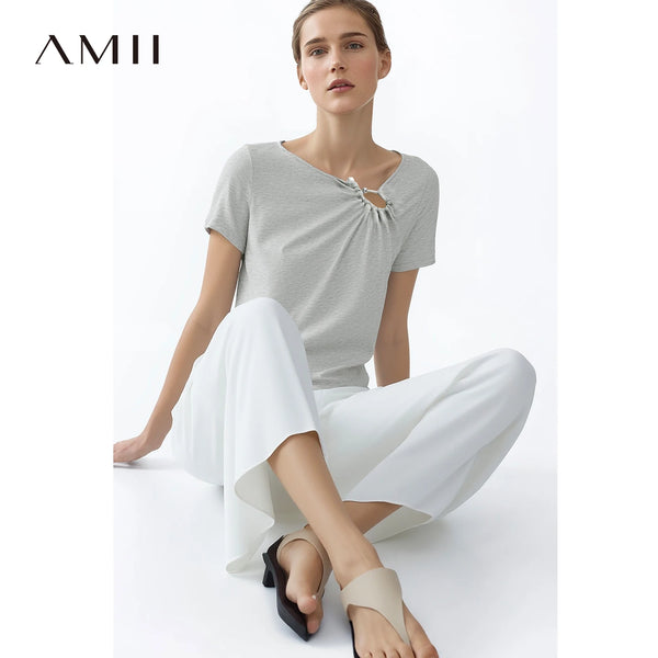 អាវយឺត Amii សម្រាប់នារី រដូវក្តៅ ឆ្នាំ២០២៦ ថ្មី រចនាដោយលោហៈ លំនាំប៉ាក់ កប្បាស អាវយឺតដៃខ្លី កមិនស្មើគ្នា សម្រាប់ការិយាល័យ 12612041