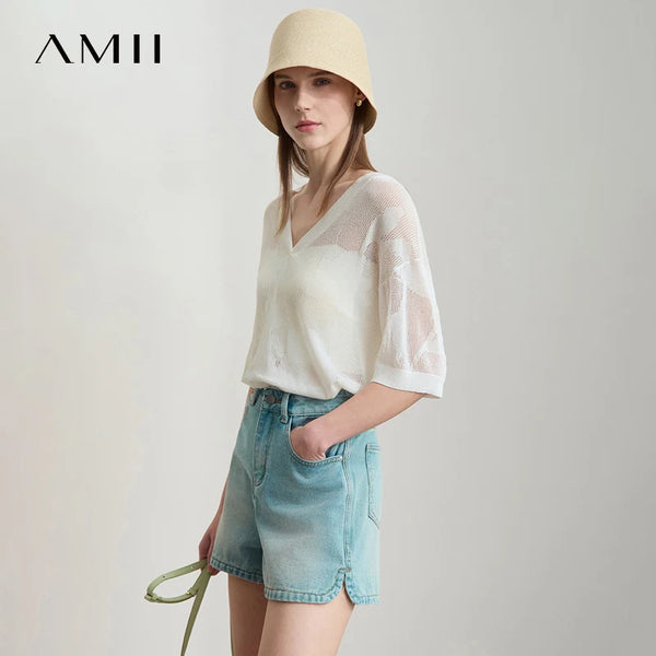 អាវយឺតប៉ាក់ Amii សម្រាប់នារី 2026 រដូវក្តៅថ្មី ក V ដៃអាវពាក់កណ្តាលប្រហោង ម៉ូដថ្មីសម្រាប់នារី អាវស្តើងរលុង 12552019