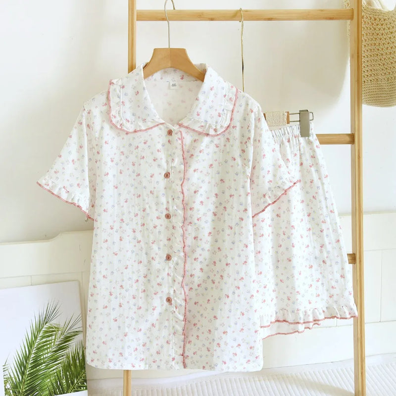 100% Cotton Pyjamas Woman Nightwear Summer Sets Floral Print Short Sleeve Pajamas Sleepwear Women's Loungewear Sleeping Wear