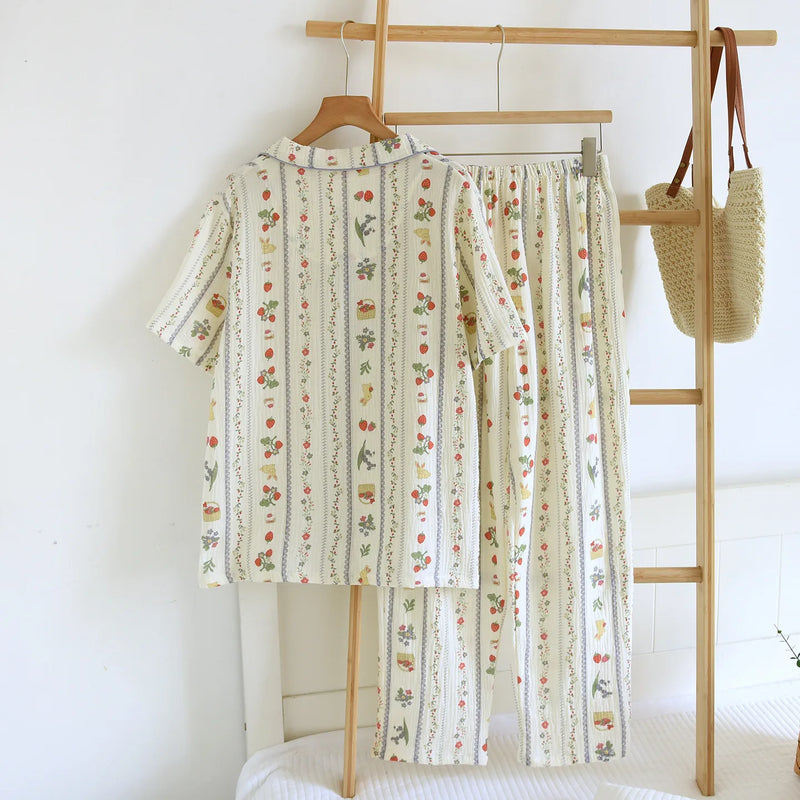 2 Piece Set Summer Pajamas for Woman Nightwear 100% Cotton Short Sleeve Sleepwear Women's Cotton Night Wear For Ladies Home Suit