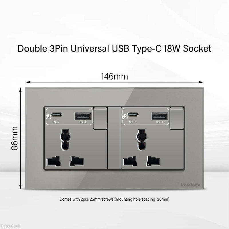 Grey UK 13A Tempered Glass USB Type C 18W Quick Charge Socket,Dual Universal Power Outlet,Home Light Electric Switch Panel