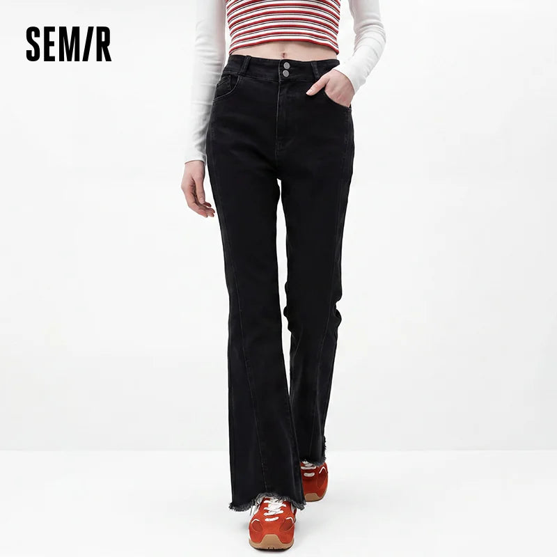 Semir Women Jeans Split Flare Raw Hem Washed Retro Slim Look 2026 Autumn Street Style Soft Denim Long Pants Daily Wear