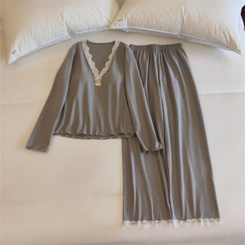 2 Pieces V-neck Women’s Loungewear Chest Pads Sleepwear Women Nightwear Autumn New Long Sleeve Pajamas Set Elegant Loungewear