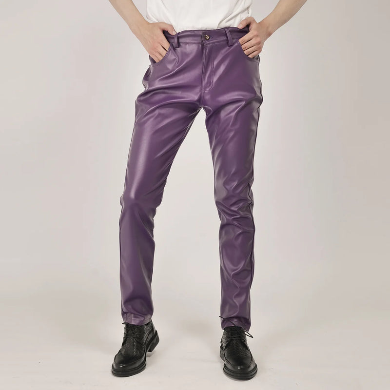 New Fall Collection: Men's Purple PU Pants—Fitted Faux Leather Motorcycle Trousers Available in Black,Blue,Green,Red,Gray,Khaki.