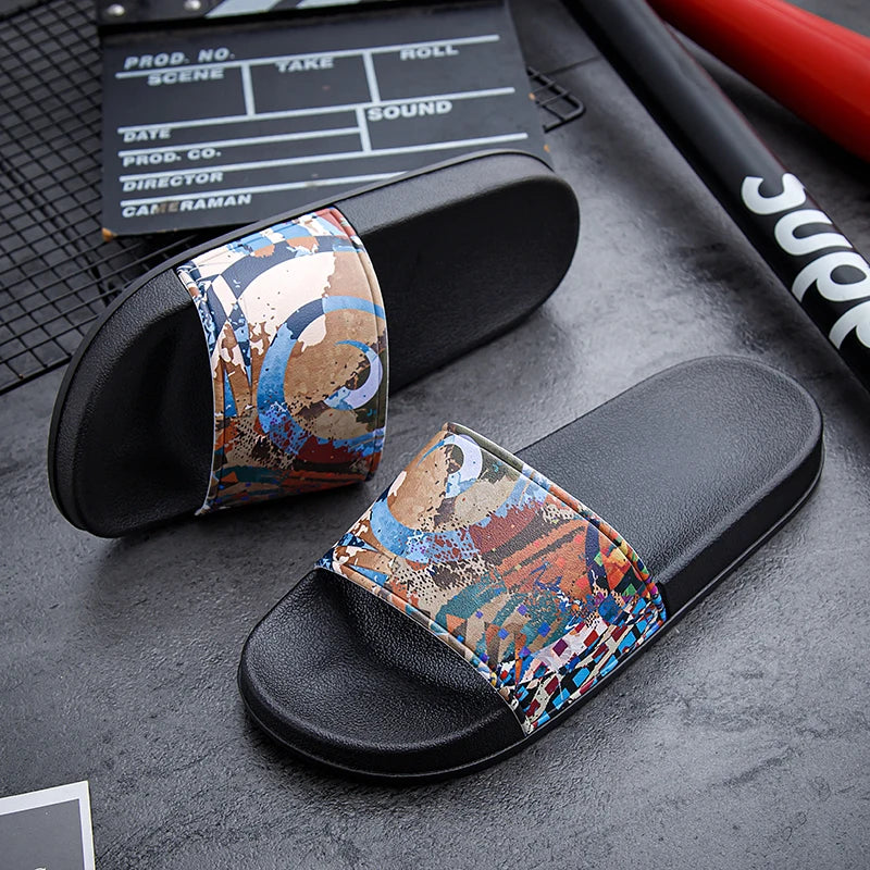 Couples Casual Oil Painting Wind Slippers Summer Soft-Sole Non-Slip Outdoor Beach Shoes Fashion Men and Women's Walking Sandals