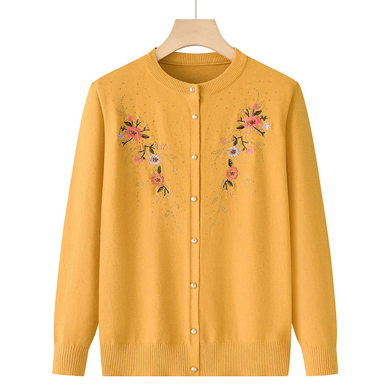Middle-aged And Elderly Women's Embroidery Knit Cardigan Jacket Single-breasted Slim Sweater Coat Spring Autumn Grandma Clothing
