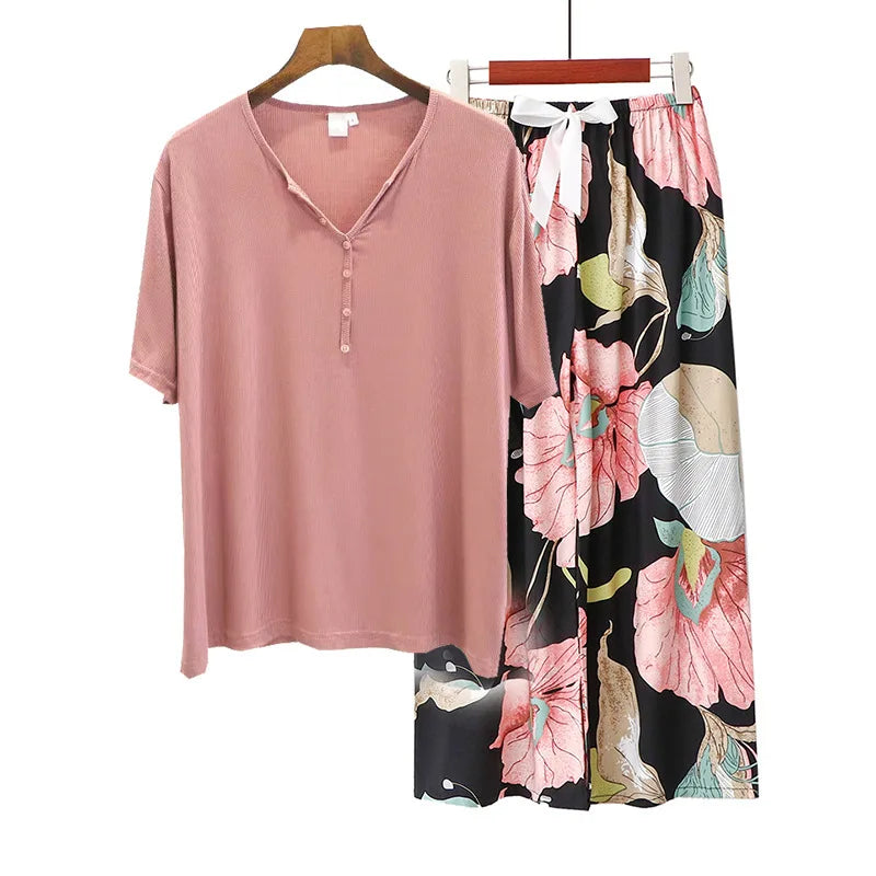 Spring Summer Threaded Modal Knitted V-neck Short Sleeve Sleepwear Women Loose Home Pajama Set Print Nightwear Pijama Suit