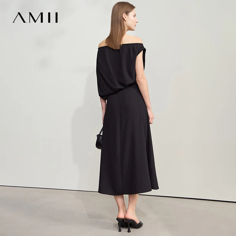 AMII Minimalism Women Long Dress 2026 Asymmetric Off Shoulder Sexy Luxury Designer Chiffon Black Dress Female Clothing 12542078