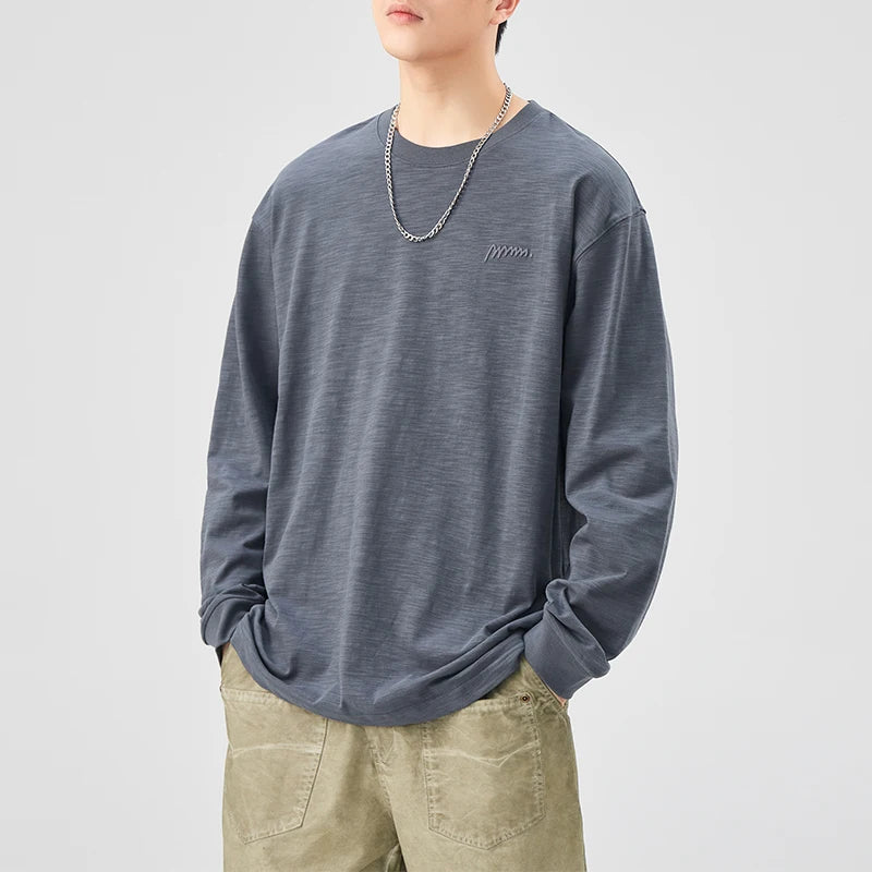 DUKEEN Heavyweight Slub Cotton Long Sleeve T-Shirt for Men Spring and Autumn Pure Cotton Crew-Neck Embroidered Tops Oversize