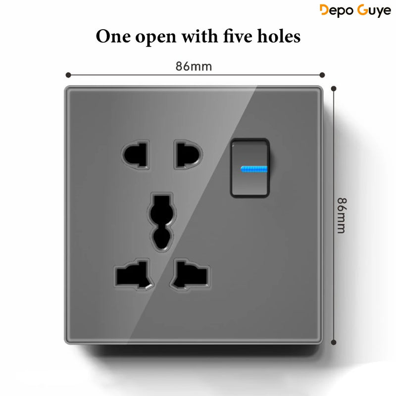 Grey Tempered Glass UK Standard 13A Wall Switch Socket with LED USB Type-C TV CAT6 Data Outlet British Electrical Wall Panel