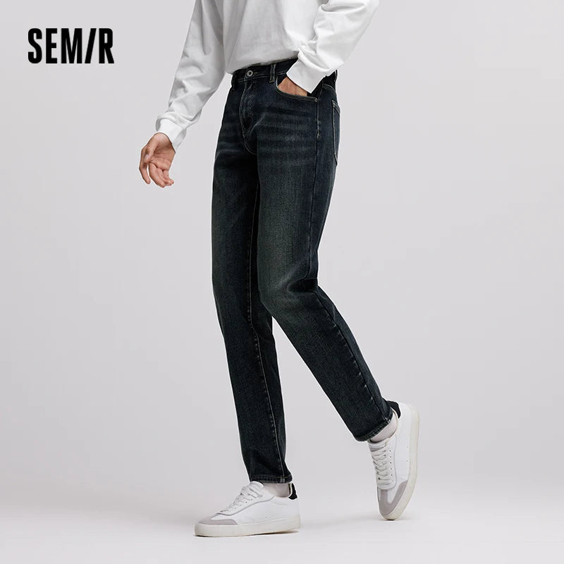 Semir Men Jeans Fleece Lined Stretch Skinny Fit Whisker Wash 2026 Vintage Commuter Warm Slim Urban Casual Denim Trousers