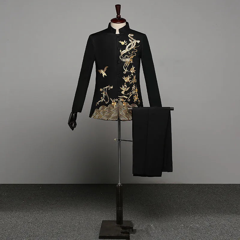 Chinese-style Men's Two-piece Suit Set Featuring A Jacket with Gold Embroidery and Matching Pants, Available in Red,White,Black.