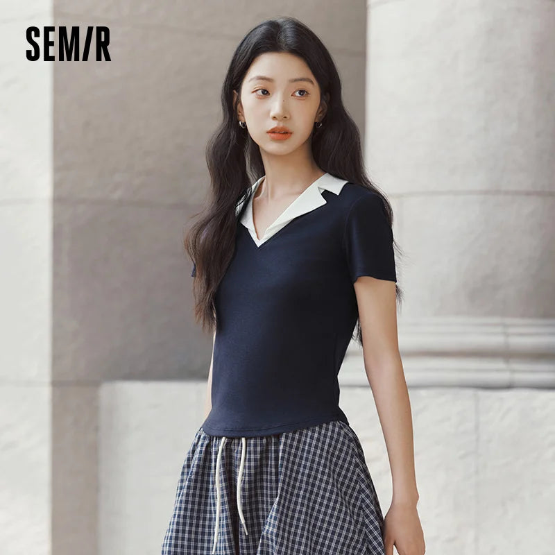 Semir Womens Polo 2026 Short Style Cool Feeling Color Block Lapel Slim Commute Style Casual