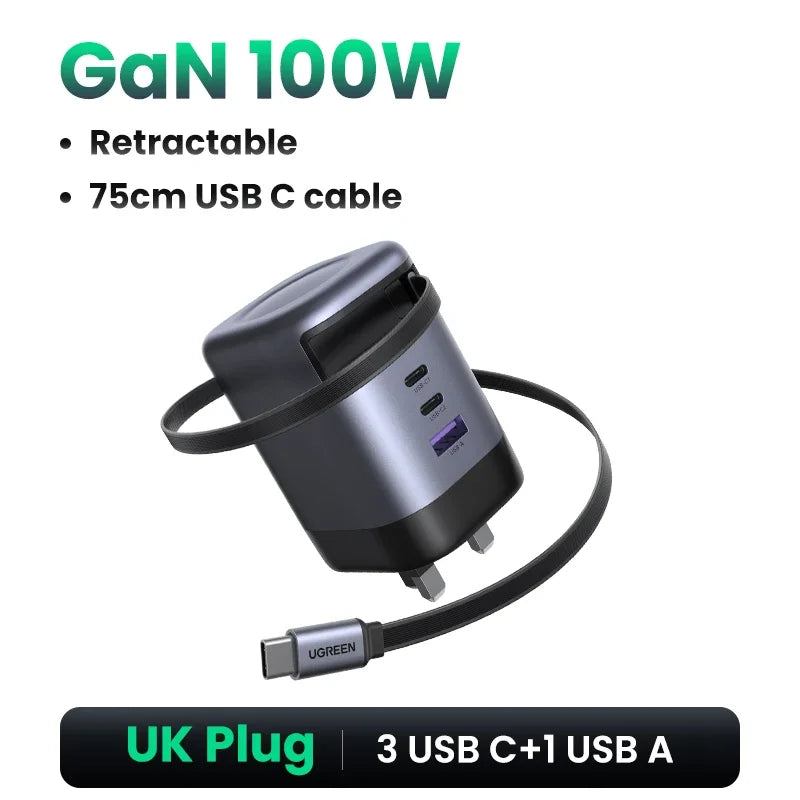 UGREEN 65W GaN Charger With Retractable USB C Cable For iPhone 18 17 Pro Samsung Xiaomi Laptop Macbook Tablet PD Fast Charger