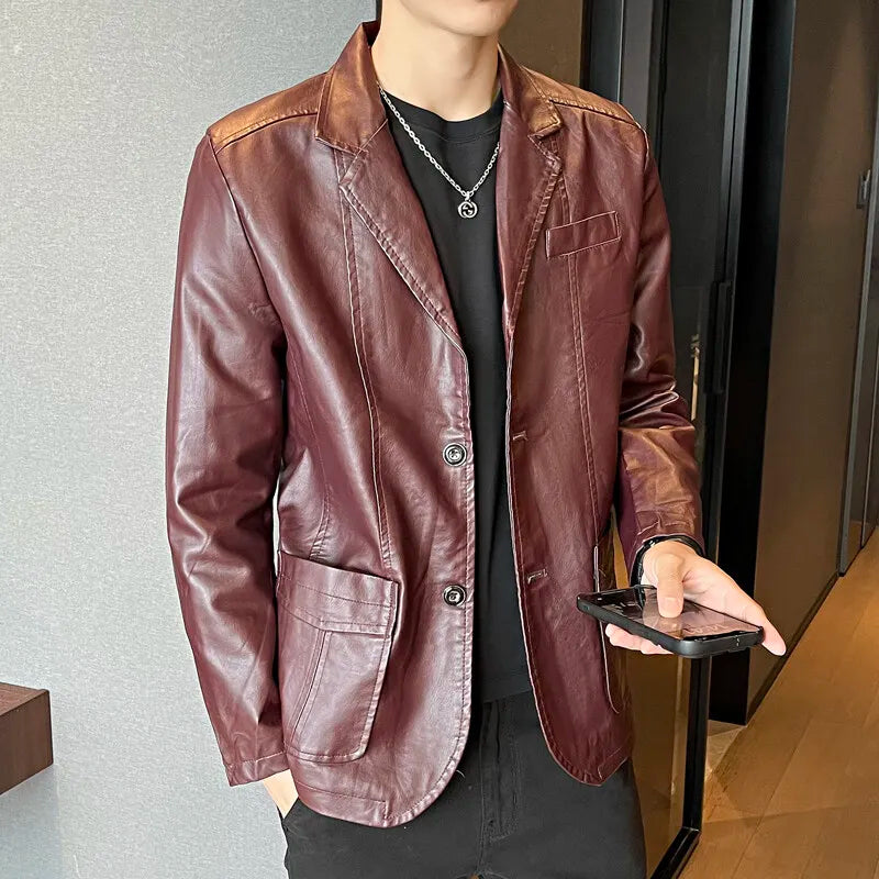 2026 New Khaki Men's PU Jacket, Dark Blue  Burgundy Black Coat, Asian Size Slim Leather Blazers, M-5XL,2025 New
