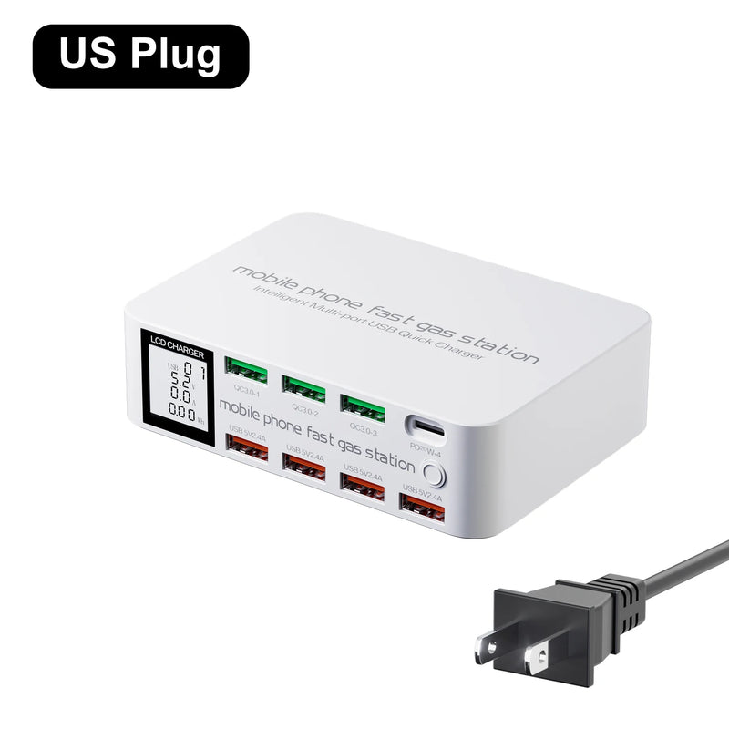 ឆ្នាំងសាក USB C 8 រន្ធ សាកលឿន QC3.0 PD3.0 ពហុ USB LCD អេក្រង់ឌីជីថល ស្ថានីយ៍សាកថ្មសម្រាប់ iPhone 17 16 Android