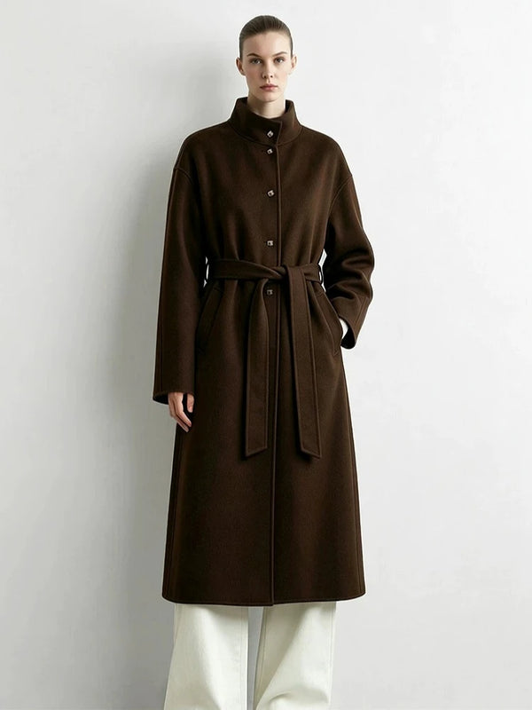 Amii Women's Double-Faced Wool Long Coat Stand Collar Belted Commuter Minimalist Women Winter Long Coats 12624099