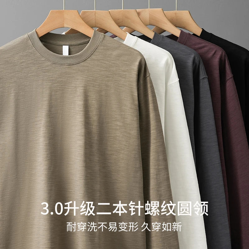 DUKEEN Heavyweight Slub Cotton Long Sleeve T Shirts for Men Spring and Autumn Pure Cotton Breathable Undershirts Men's Clothing