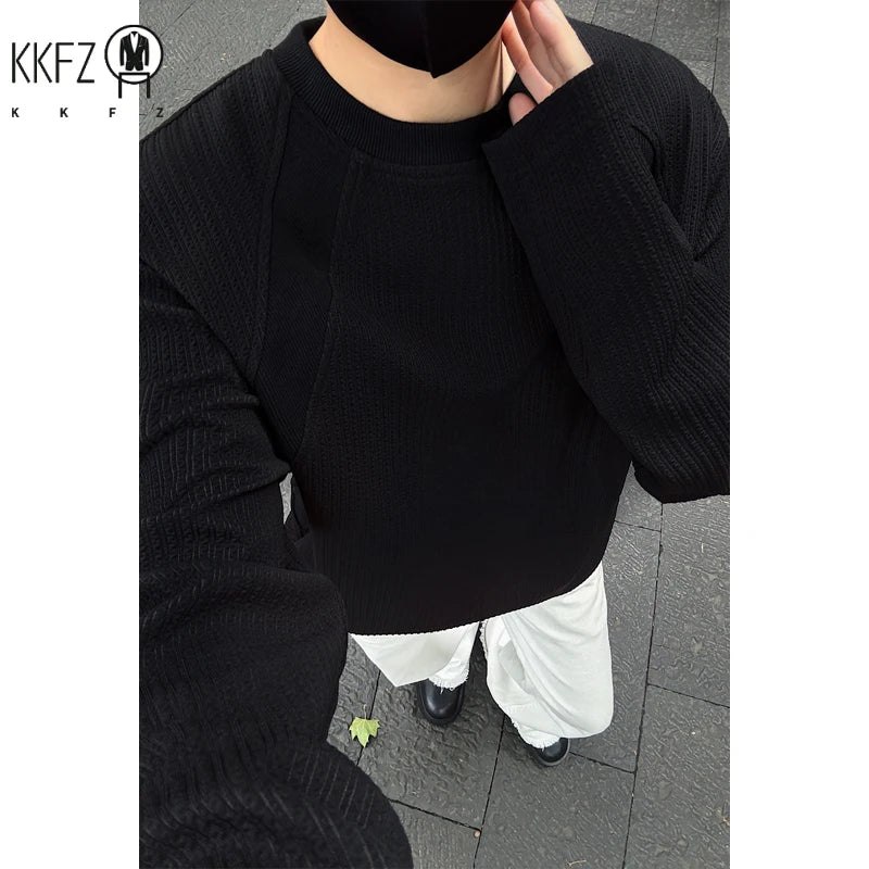 Mens Minimalist Crew Neck Sweater Long Sleeve Vertical Texture Knit Raglan Seam Soft Pullover For Daily Outfit