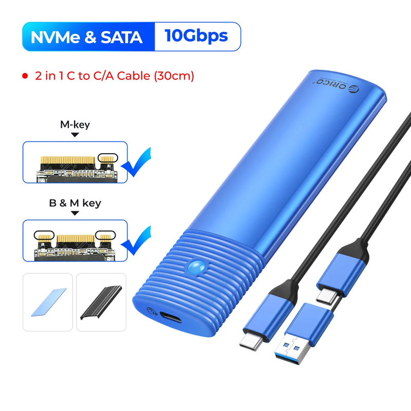 ORICO M2 NVMe SSD Enclosure 10Gbps PCIe M.2 NVMe SATA SSD Case Portable USB C 3.2Gen2 Tool Free External Adapter with Metal Heat