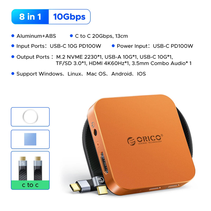 ORICO Magnetic M.2 2230 NVMe SSD Enclosure 10Gbps USB C Docking Station with 4K60HZ HDMI-COM SD/TF PD 100W Charger for iPhone 17