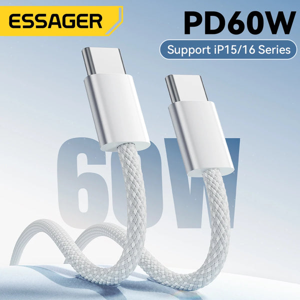 ខ្សែសាក Essager 60W USB C សម្រាប់ iPhone 16 15 Plus Pro Max Xiaomi Type C សម្រាប់ Macbook Pro iPad PD Fast Charger Cord Type-C
