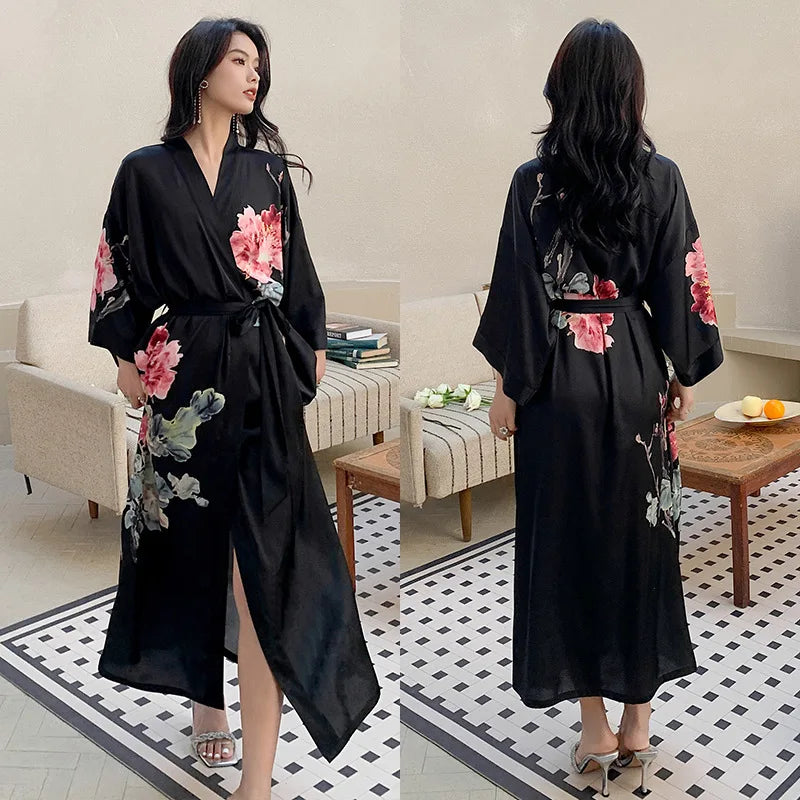 Women Ice Silk Rayon Home Dress Black Print Flower Long Robe Nightgown Spring Summer Half Sleeve Kimono Bathrobe Gown