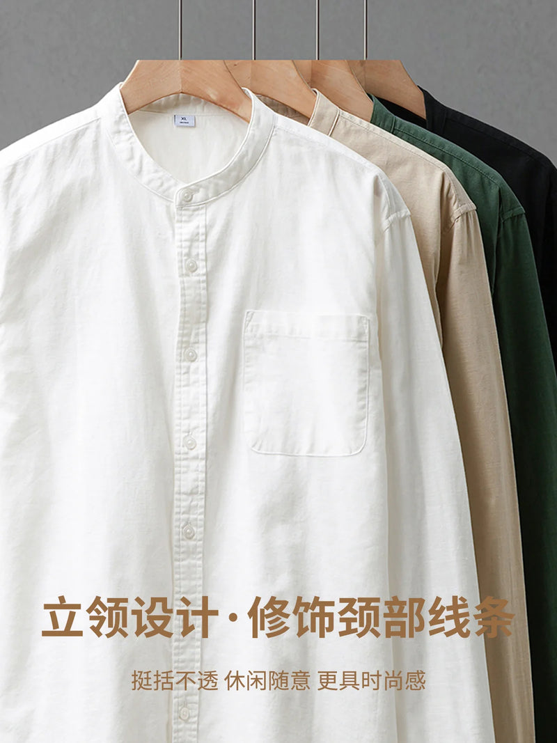 DUKEEN Linen Fabrics Men's Shirts Autumn Casual Stand-Up Collar Long Sleeve Solid Color Tops Formal Non-Ironing Men's Clothing