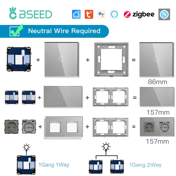 BSEED Zigbee Smart Wall Switch Dimmer Curtain Switch DIY Function Part Glass Panel Sepatare EU Socket Parts Free Combination