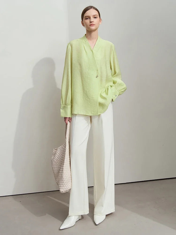 អាវ AMII Minimalist Chiffon សម្រាប់នារី រដូវស្លឹកឈើជ្រុះ ឆ្នាំ២០២៥ អក្សរសាស្ត្រ Retro ស្រាល ខ្យល់ចេញចូលបាន ធ្វើពីក្រណាត់ទេសឯក Lycra ប៊ូតុងរលុង 12541094