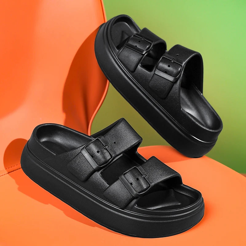 Pure White Womens Slippers Double Buckle Slide Sandals Thick Soles Height Increase 4.5cm Summer Flat Rubber Slides Soft Comfort