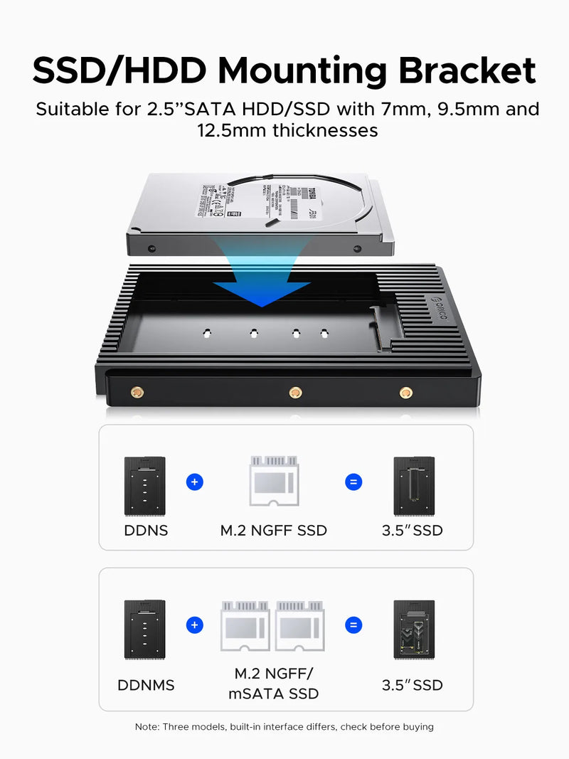 ORICO Hard Drive Caddy Adapter 2.5 SATA MSATA NGFF to 3.5 Internal Drive Bay SSD Converter Mounting Bracket Caddy Tray SATA 3.0