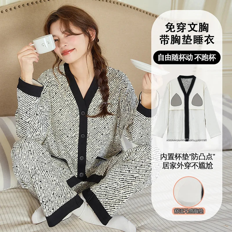 Chest Pad Long Sleeve Shirt Trousers Sets Big Size Women's Pajamas Cartoon Printed Cotton Sleepwear For Sleeping Home Suit
