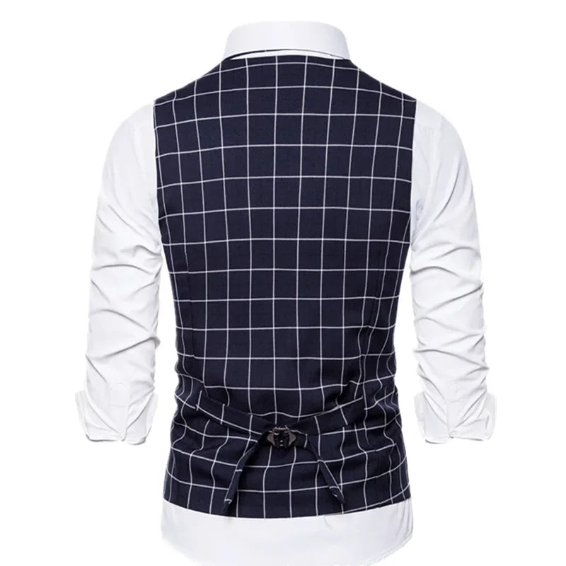 2026 Men's Blue Plaid Sleeveless Vest, Single Breasted V-Neck Suit Vests,Wedding/Party/Business/Office Waistcoat, Europe Size