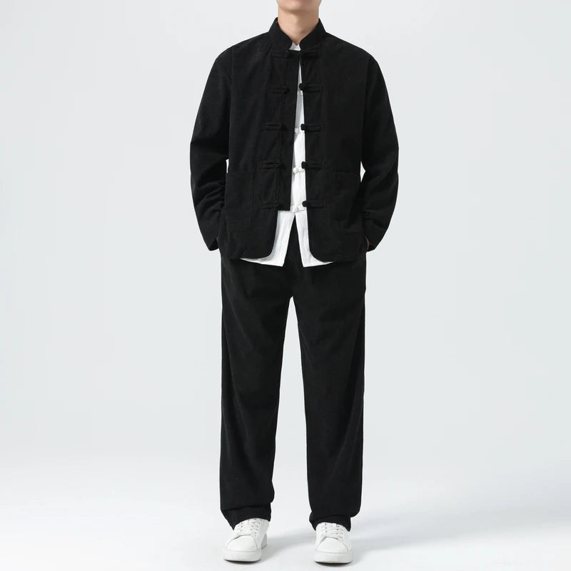 2026 Men's 2-Piece Set in Black Corduroy Fabric, Featuring A Chinese-inspired Single-breasted Stand-up Collar Jacket with Pants.