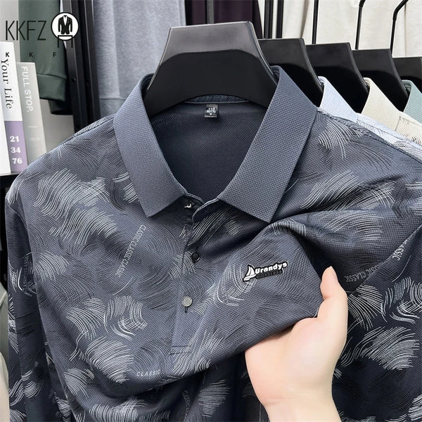 Mens Summer Short Sleeve Polo Top Feather Print Mesh Fabric Turn Down Collar Comfortable Business Casual Shirt