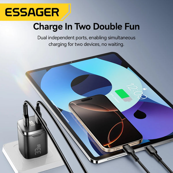 ឆ្នាំងសាក Essager 33W GaN USB Type C អេក្រង់ឌីជីថល PD សាកថ្មលឿនសម្រាប់ iPhone 17 16 15 14 Pro Max iPad Mini Xiaomi Samsung S22