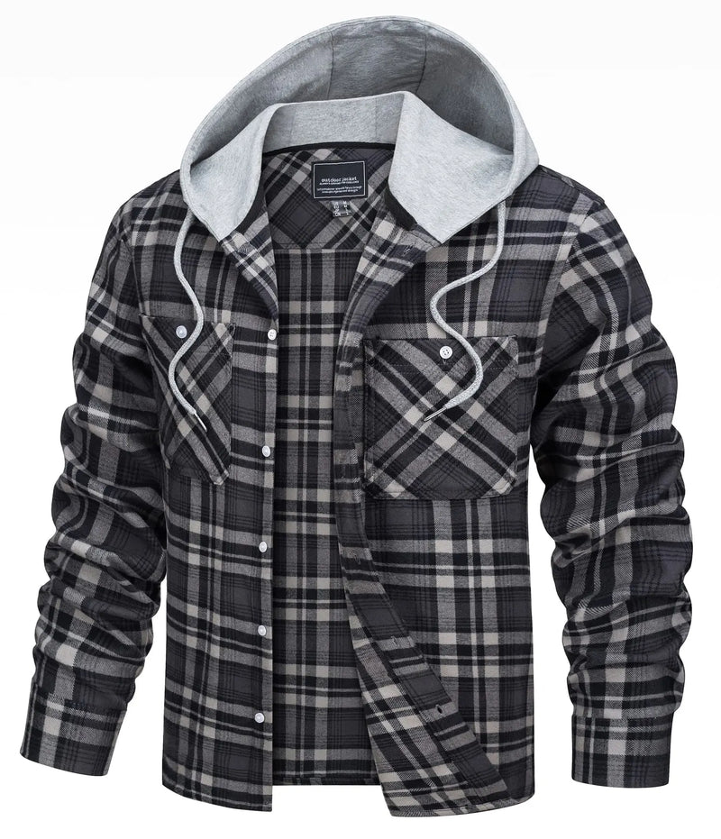 TACVASEN Men's Flannel Long Sleeve Hoodie Plaid Shirts Lightweight Cotton Button Down Casual Shirts with Pocket 2026 New Fashion